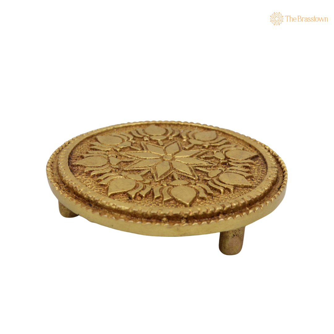Handcrafted Brass Round Pooja Chowki – Circular Idol Display Stand for Home Mandir & Puja Setup 3 Inch