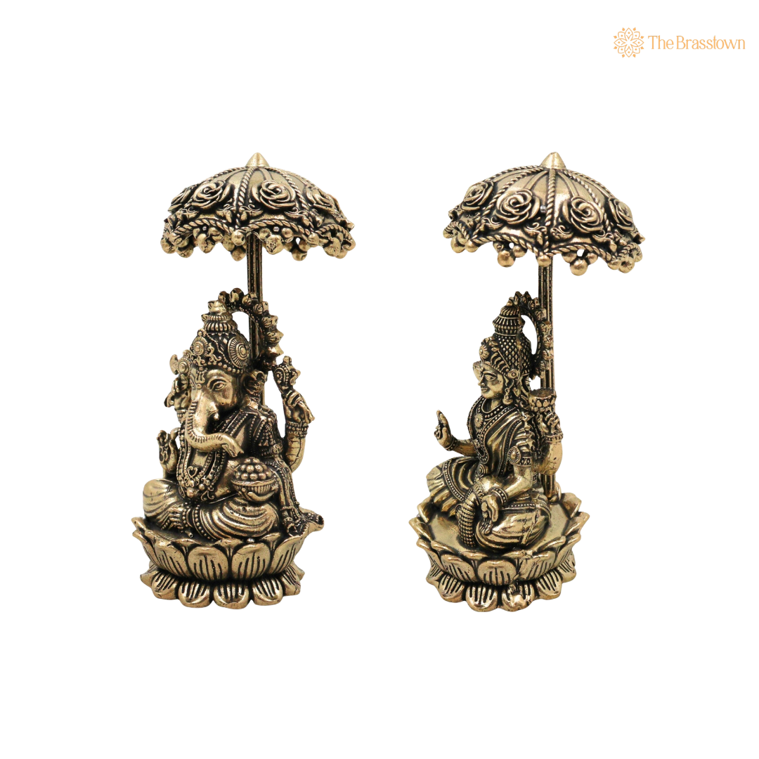 Brass Lakshmi Ganapati Idol 4.5 Inch closeup β intricate craftsmanship