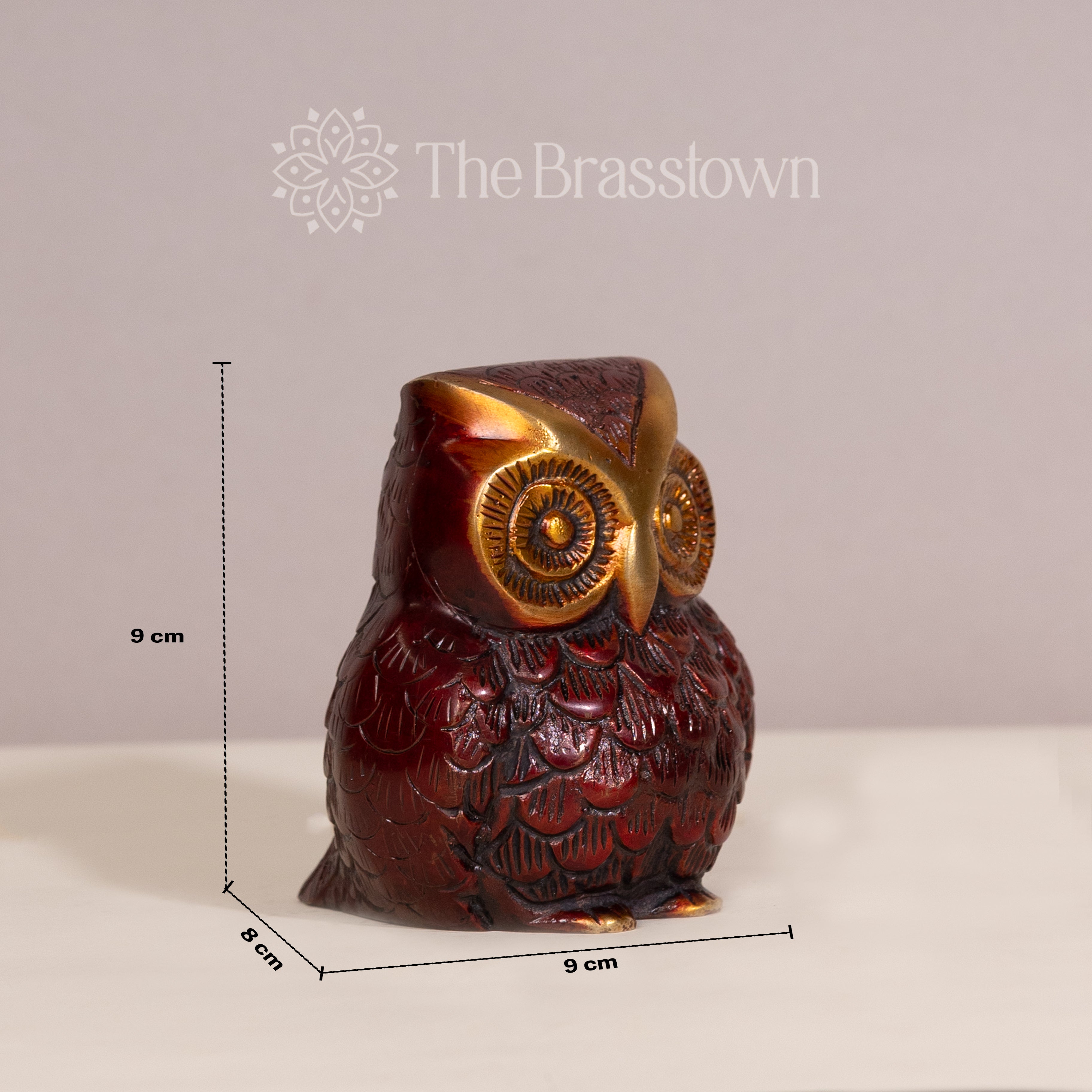 Handcrafted Brass Owl Statue – Red and Gold Decor Accent