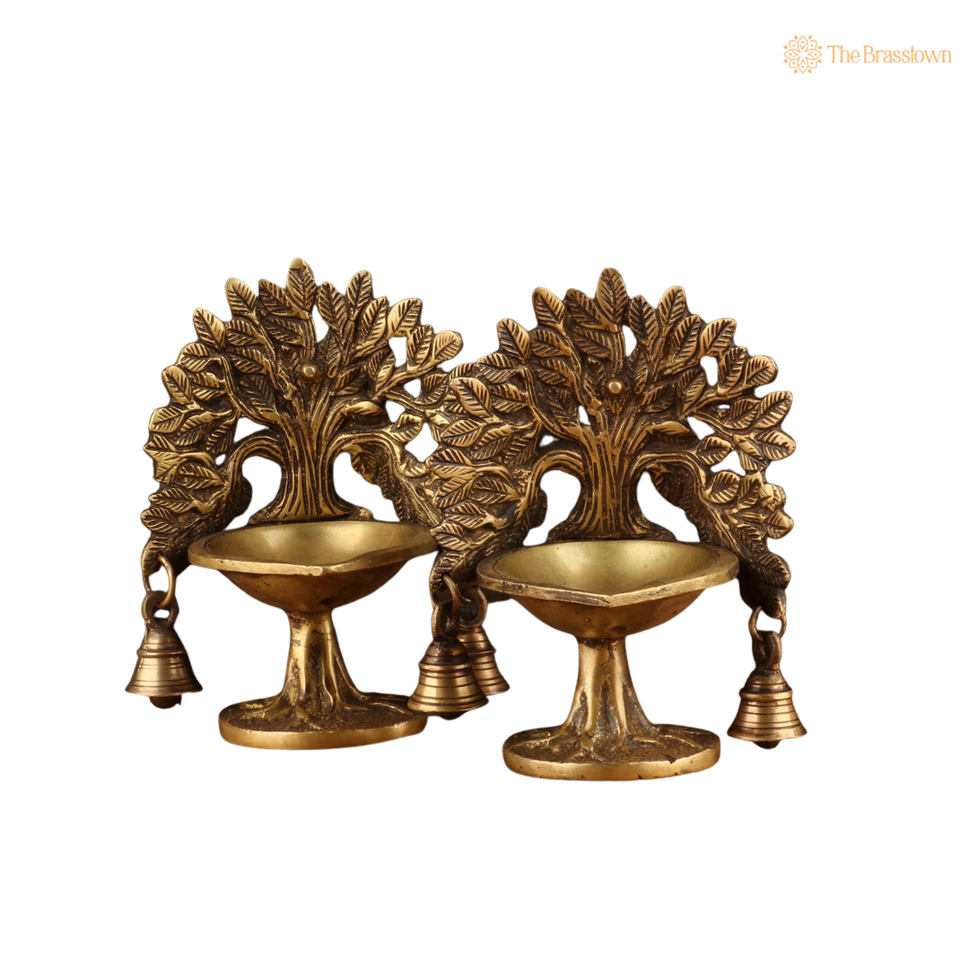 Brass Diya Pair with Tree 7 Inch closeup β intricate craftsmanship