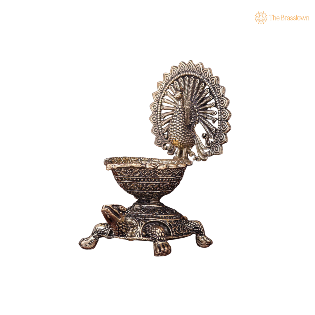 Brass Superfine Designer Peacock Diya 3.5 Inch closeup – intricate craftsmanship