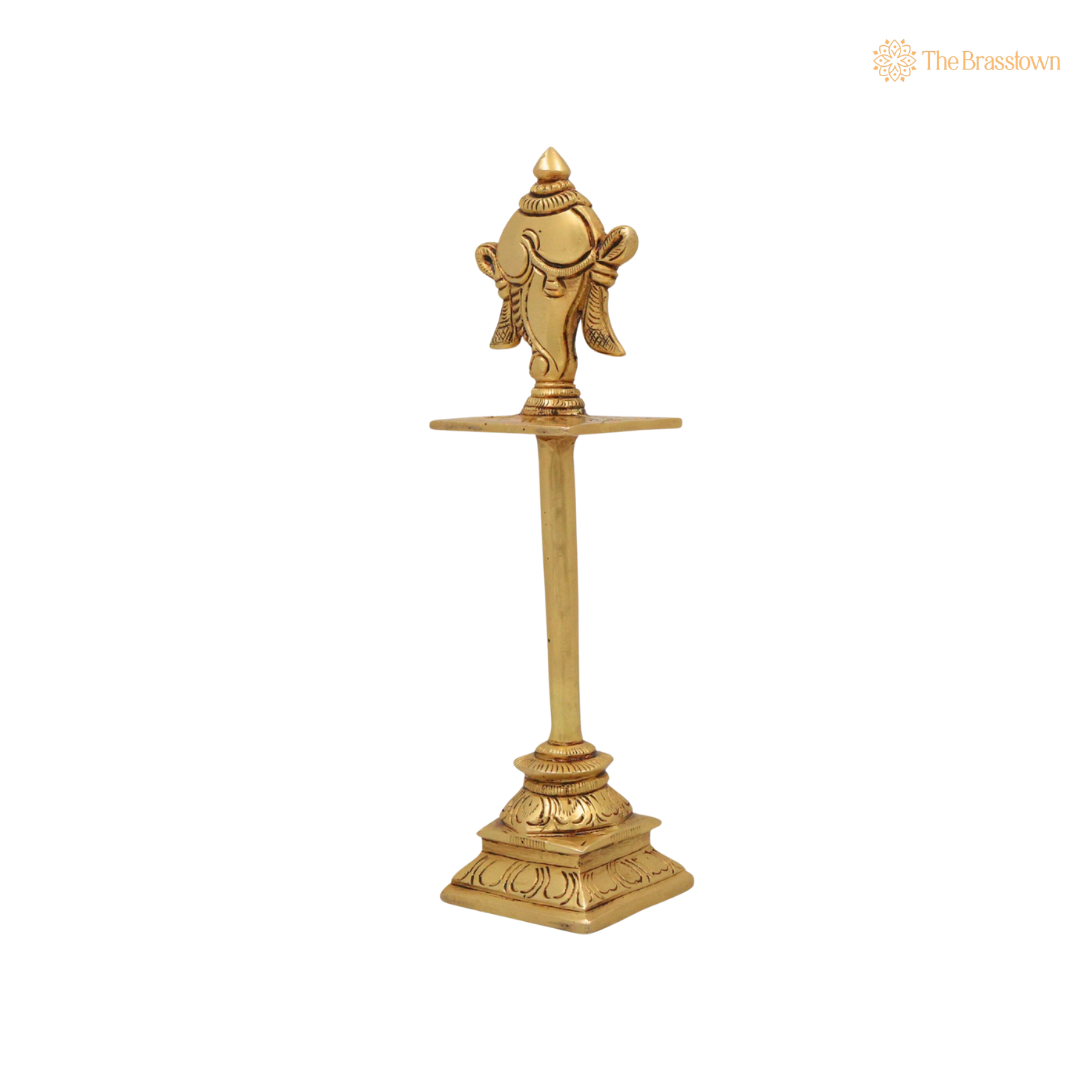Brass Shankha Stand – Peetal Vishnu Symbol Balaji Shankh Figurine for Pooja, Home Temple & Spiritual Décor 5 Inch