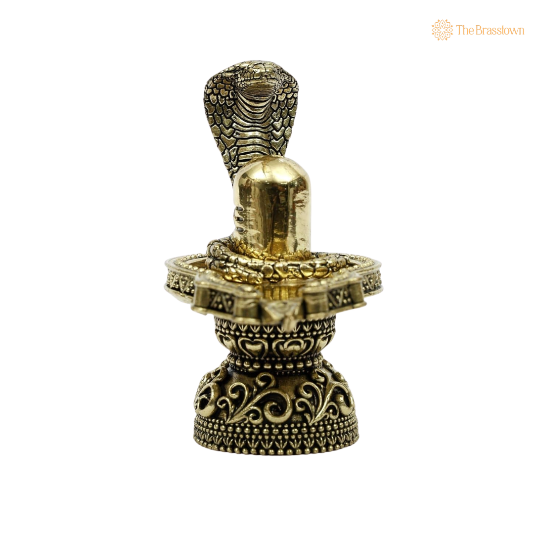 Brass Shivling with Naag 4 Inch closeup – intricate craftsmanship