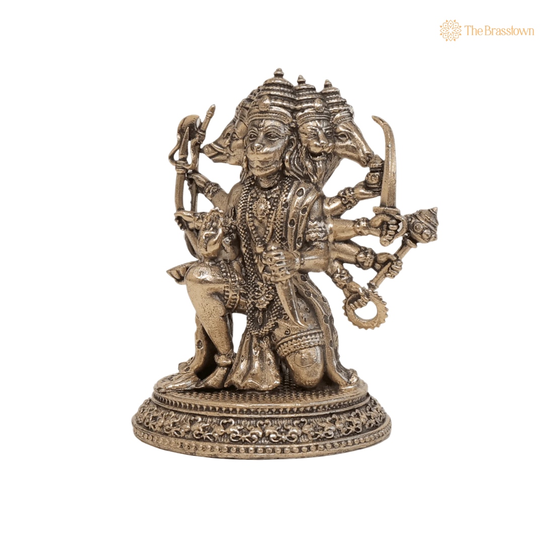 Brass Panchmukhi Hanuman Idol 3 Inch closeup – intricate craftsmanship