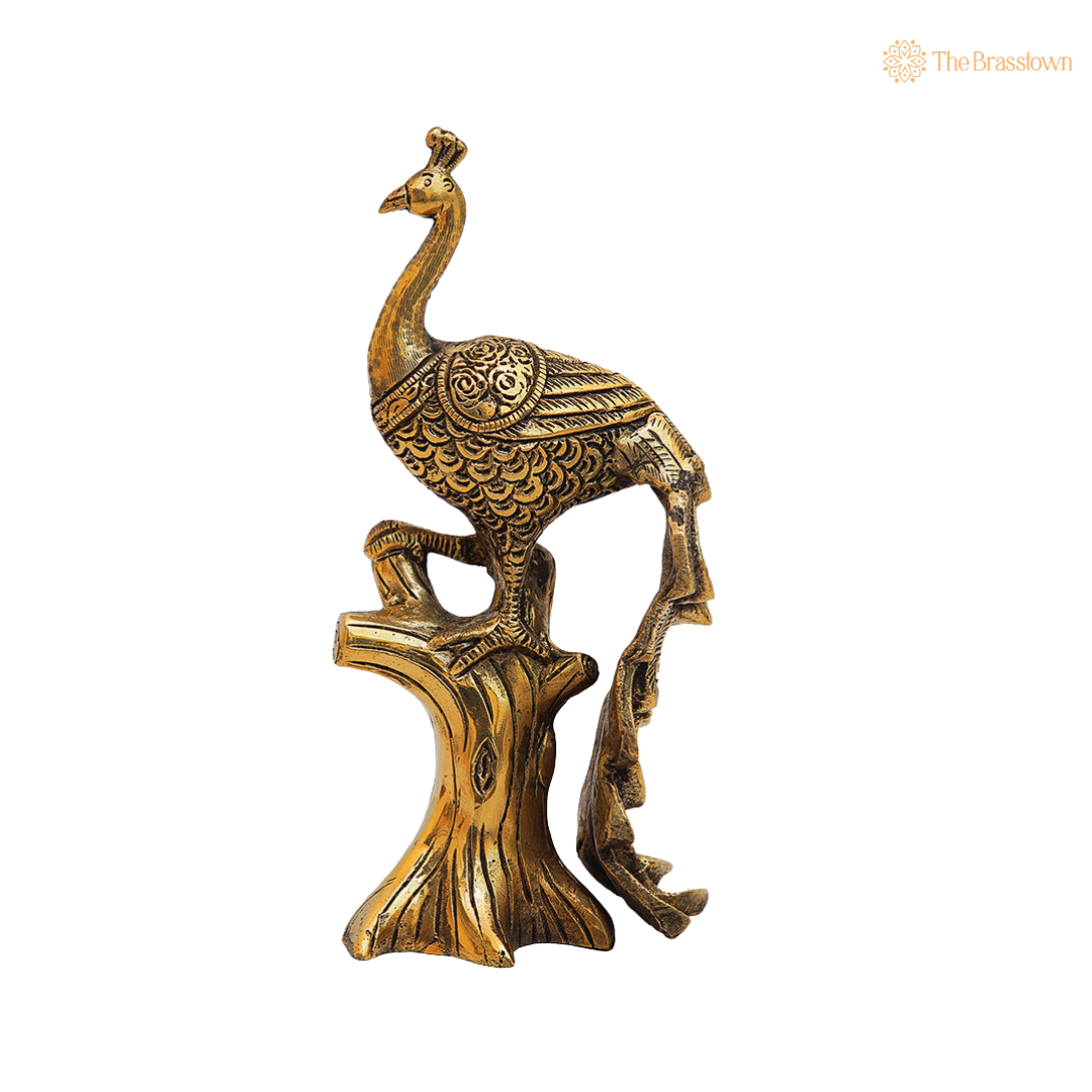 Antique Brass Peacock on Tree 8.5 Inch closeup β intricate craftsmanship