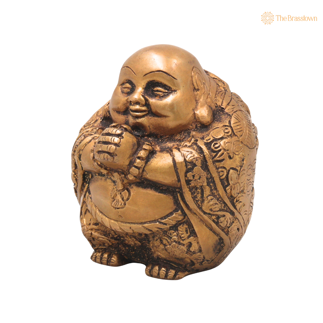 Brass Laughing Buddha Idol – Handcrafted Hotei Budai Statue for Vastu, Home Décor, Office & Prosperity Gifting 5 Inch