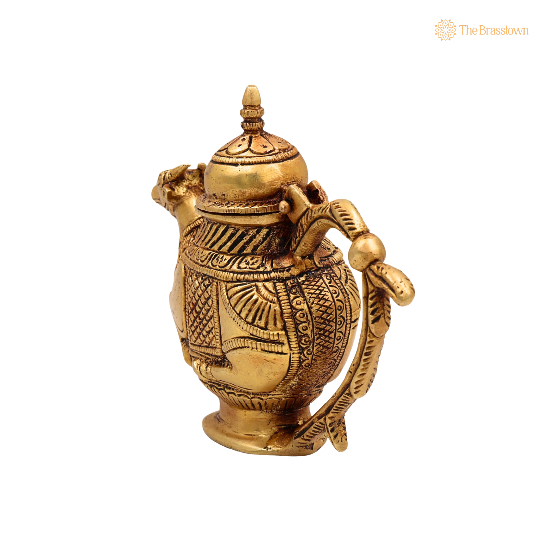 Brass Ganga Jali Water Kamandal with Cow Face – Pital Gangajali Kamandal for Puja, Ganga Jal Storage, Rishi Muni Kalash & Hindu Rituals 5.5 Inch