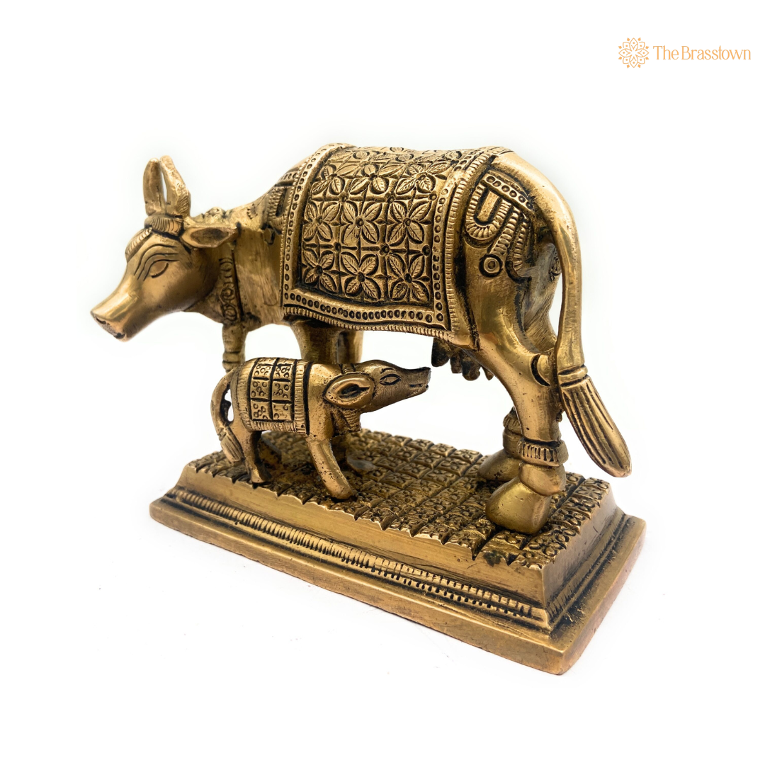 Sacred Brass Cow and Calf Figurine 5 inch