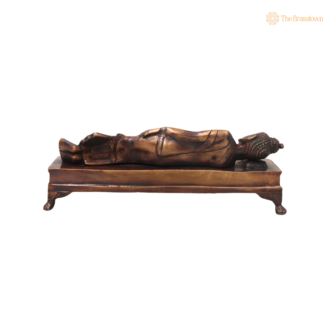 Brass Sleeping Buddha Statue – Handcrafted Reclining Nirvana Statue Traditional Buddhist Buddha Murti 10.5 Inch
