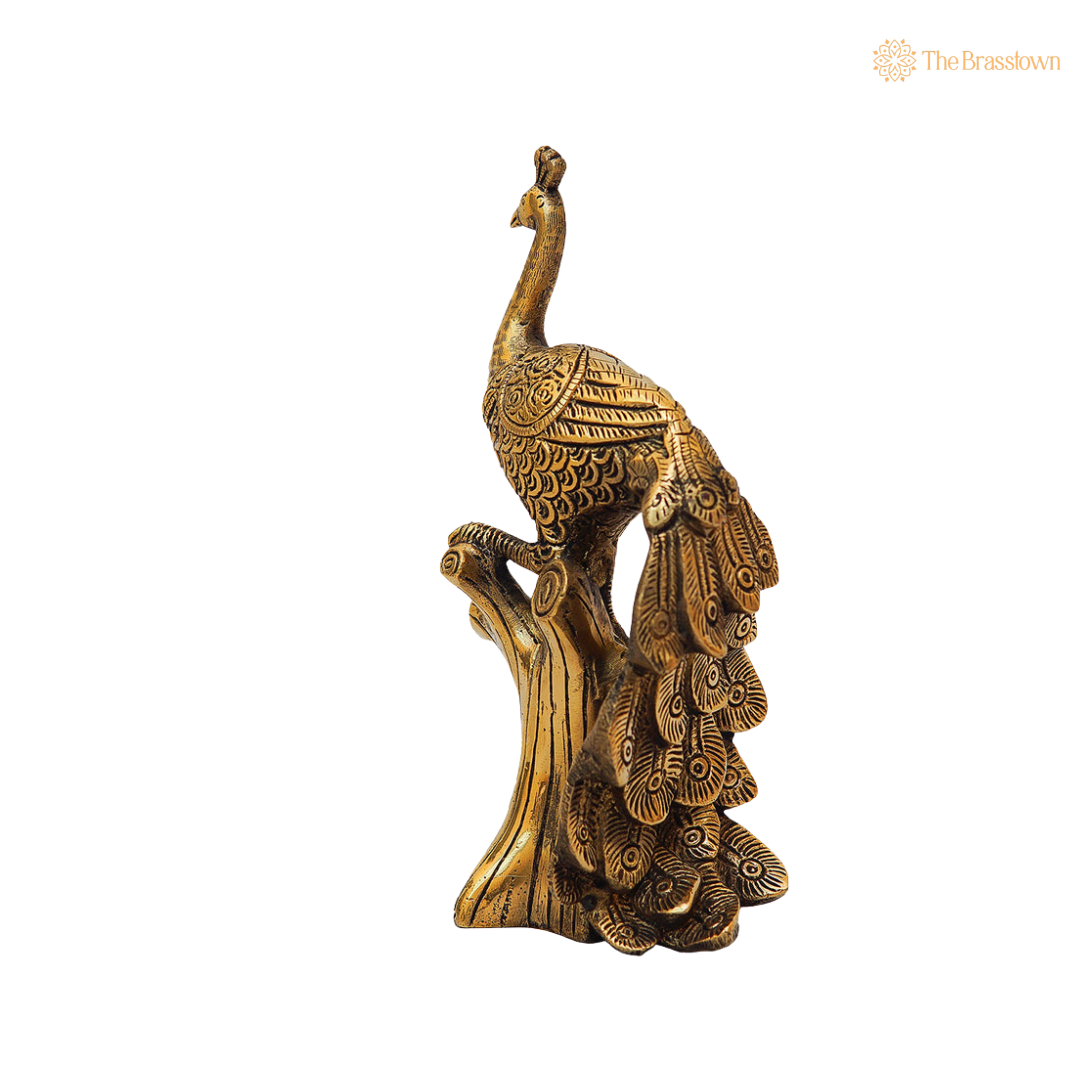 Antique Brass Peacock on Tree 8.5 Inch β home mandir puja decor India