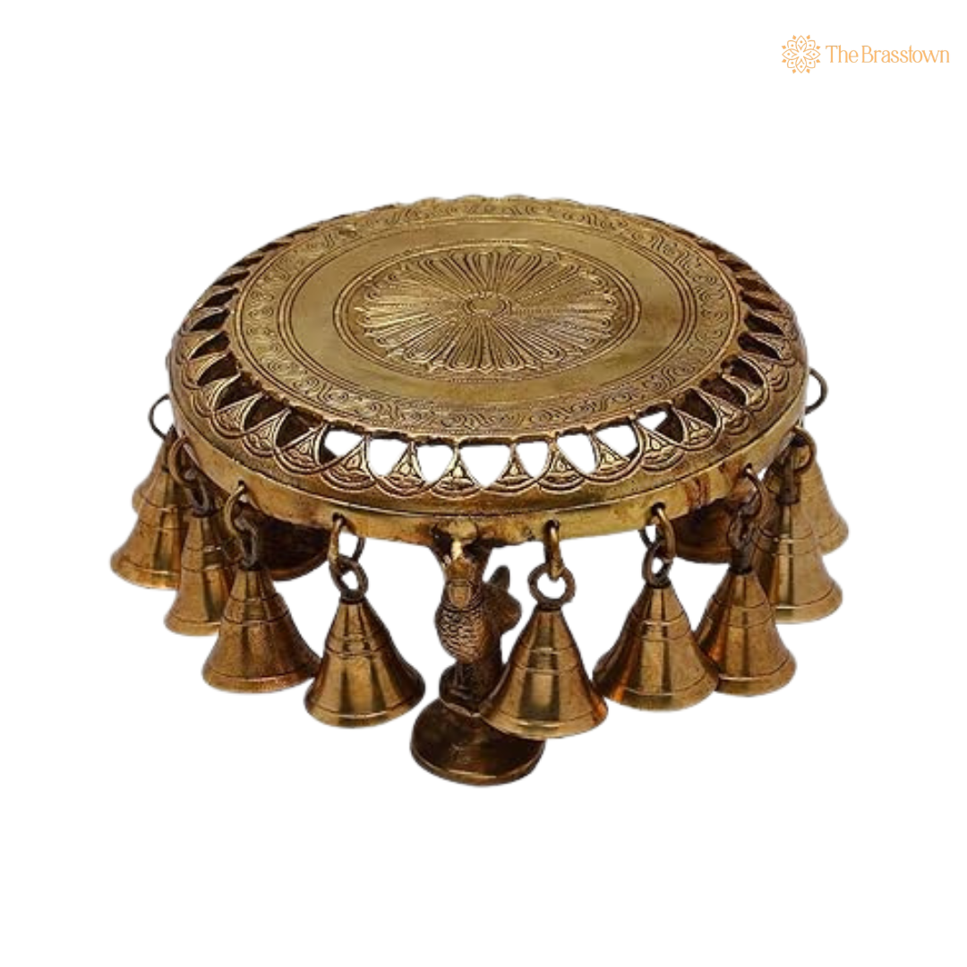 Antique Brass Puja Chowki with Bells – Hindu Temple Chowki for Idols, Puja & Home Mandir 4 Inch