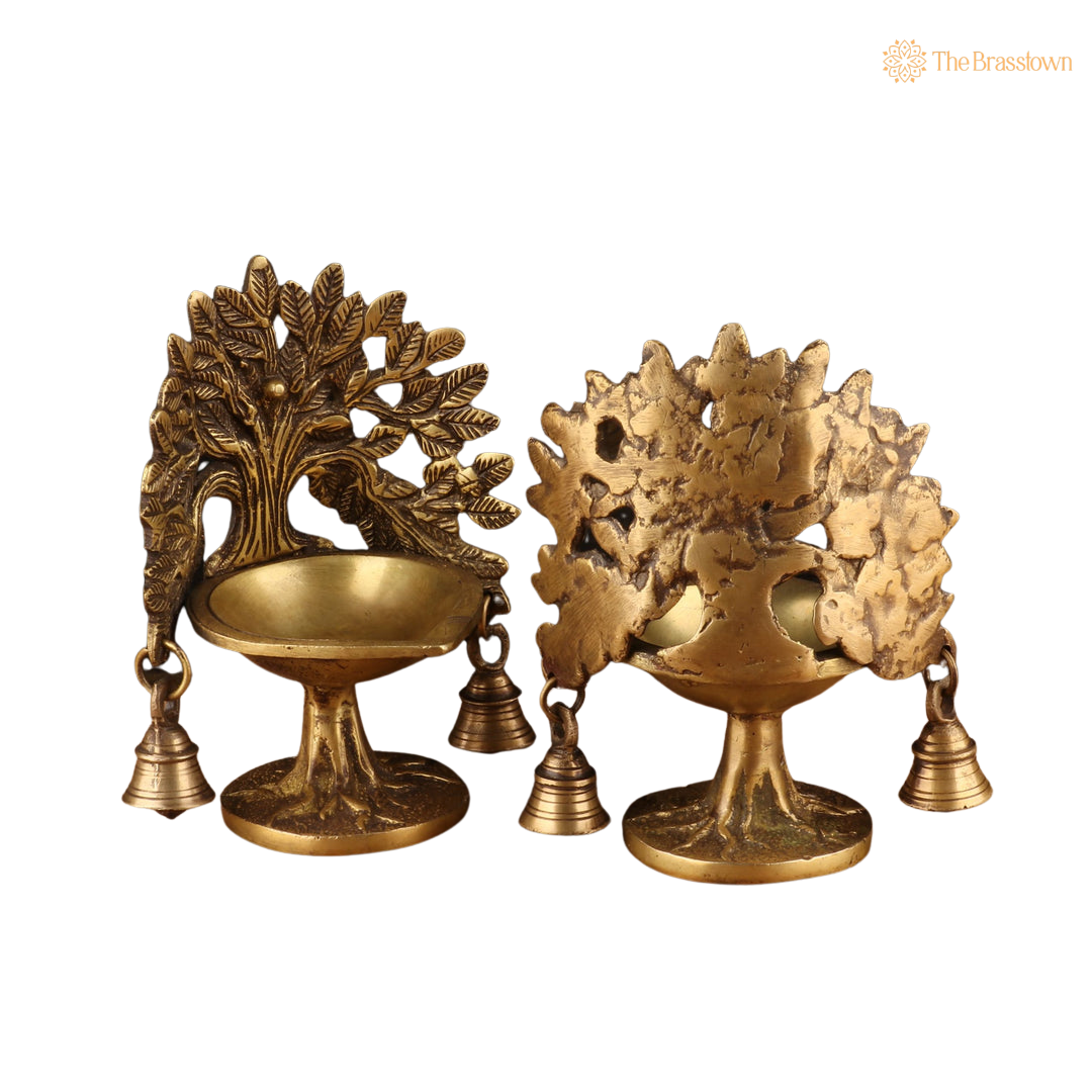 Brass Diya Pair with Tree 7 Inch β home mandir puja decor India