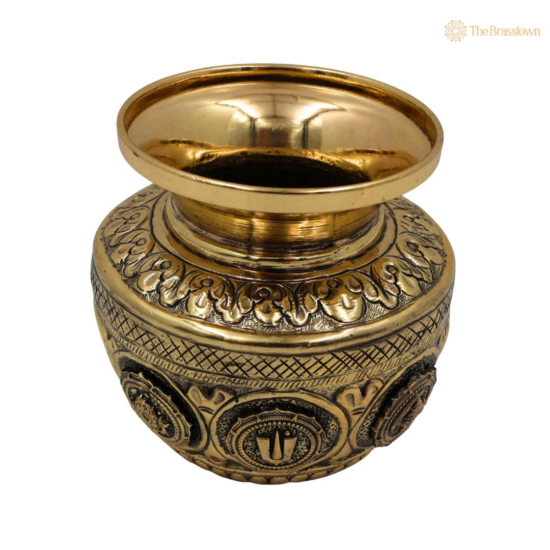 Brass Balaji Kalash Lota with Shankh & Chakra – Peetal Pooja Kalash for Home Mandir, Temple Décor & Spiritual Blessings 4 Inch