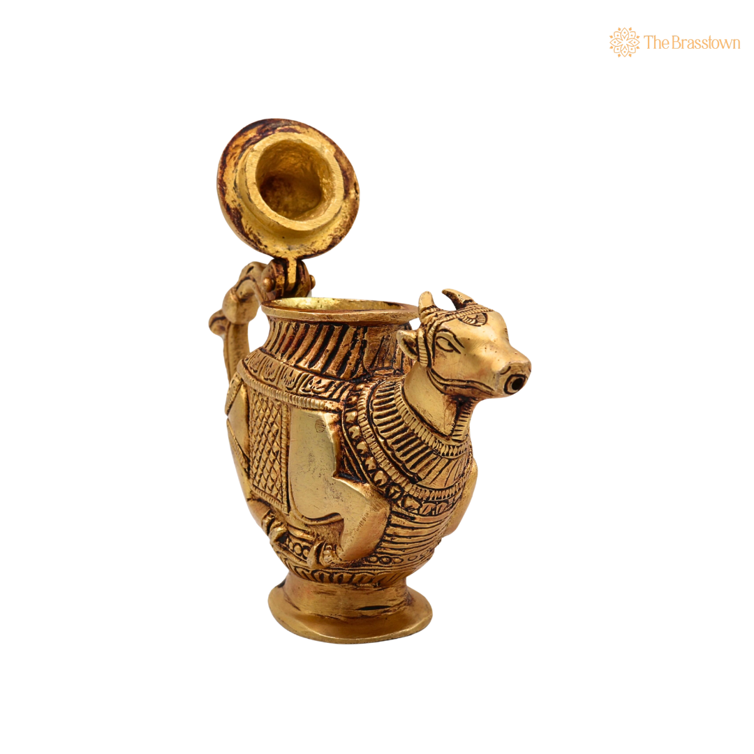 Brass Ganga Jali Water Kamandal with Cow Face – Pital Gangajali Kamandal for Puja, Ganga Jal Storage, Rishi Muni Kalash & Hindu Rituals 5.5 Inch