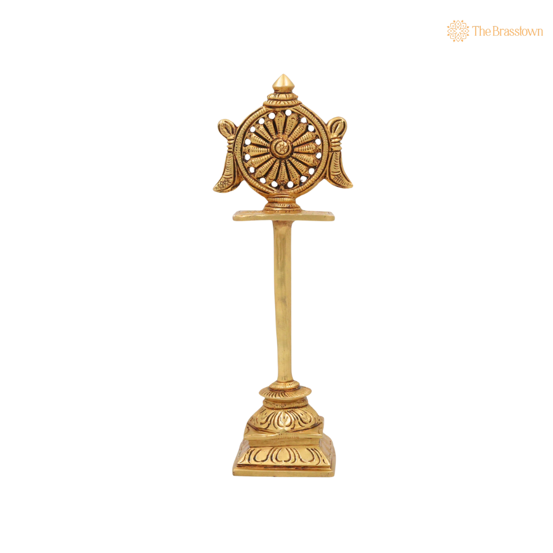 Brass Sudarshan Chakra Stand – Peetal Vishnu Symbol Balaji Sudarshan Chakra Figurine for Pooja, Home Temple & Spiritual Décor 5 Inch