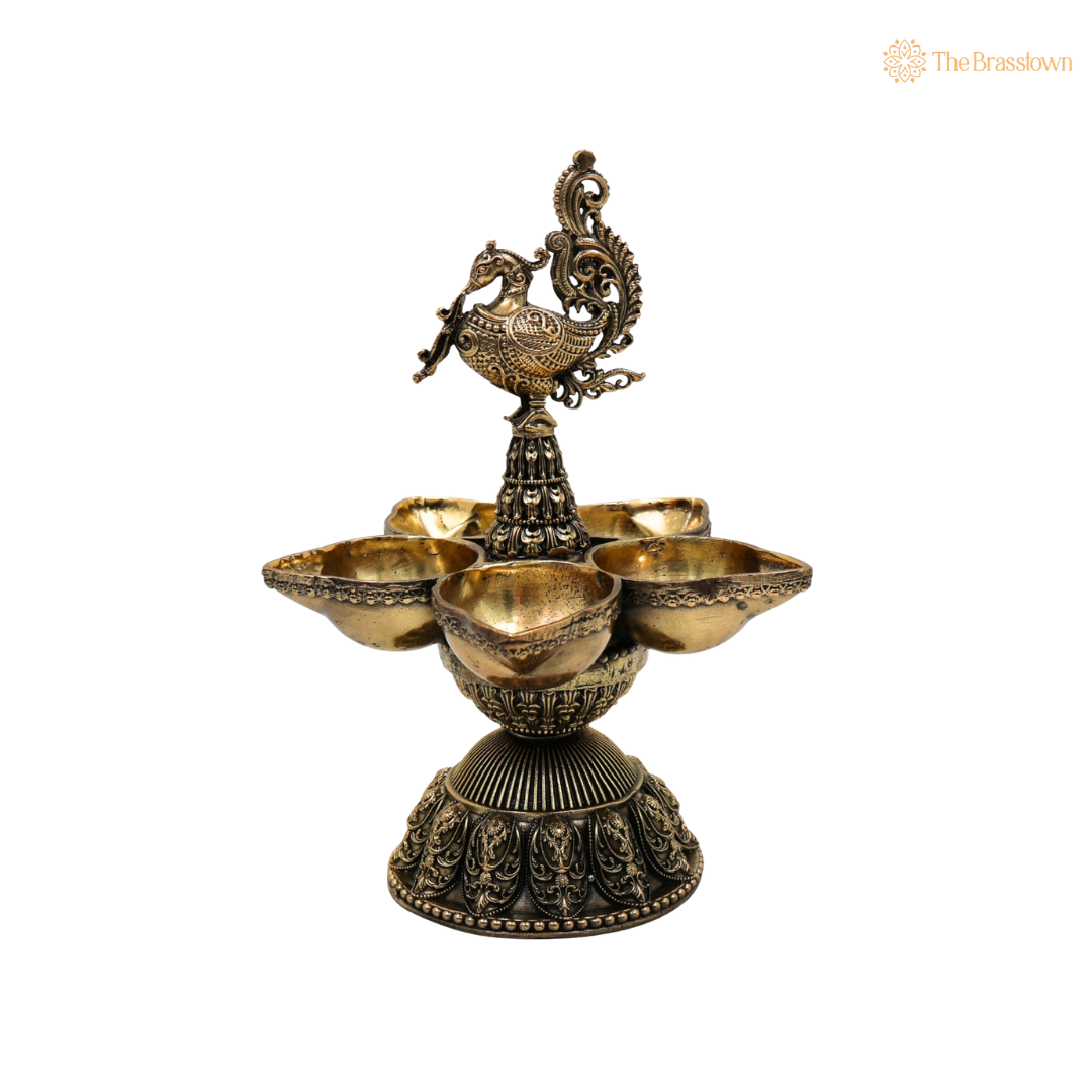 Traditional Peacock Deepam Diya – Mayur Design Oil Lamp (Peetal Deepak) for Puja, Aarti & Home Mandir Décor 6.5 Inch