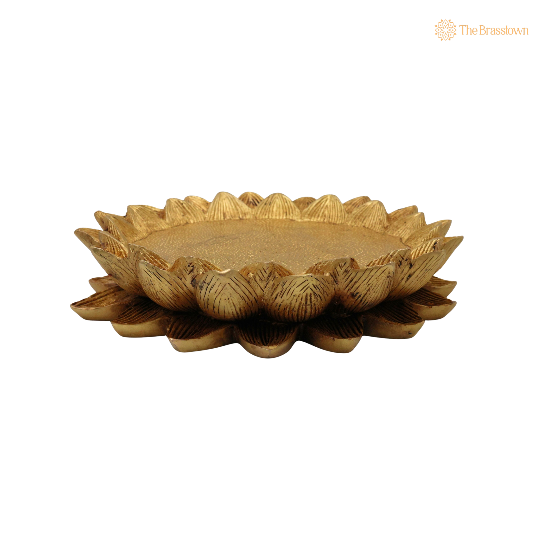 Handcrafted Brass Lotus Shaped Pooja Chowki – Sacred Plate/Stand for Kalash & Deity Idol 2 Inch