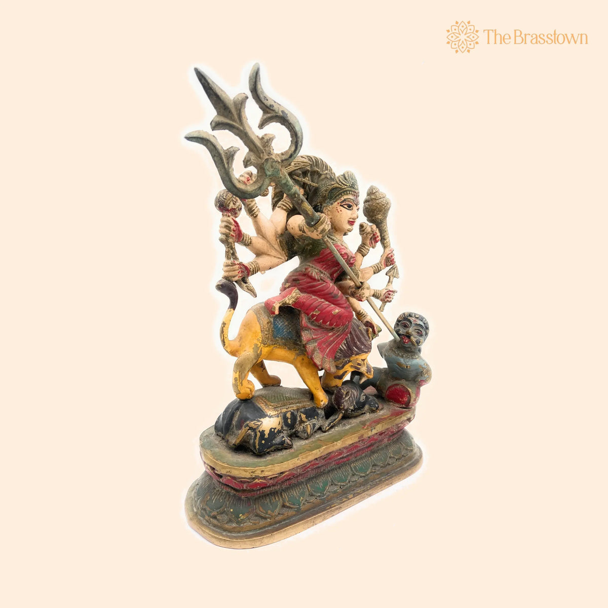 Handcrafted Brass Durga Devi Idol – Mahishasura Mardini, Shakti Simhavahini Maa Amba Statue, Antique Finish Pital Murti for Pooja 14 Inch 1