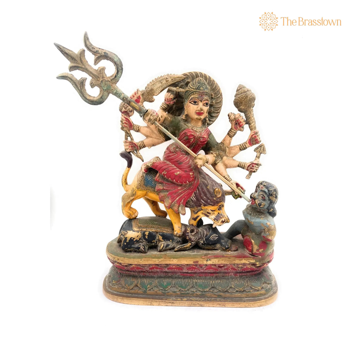 Handcrafted Brass Durga Devi Idol – Mahishasura Mardini, Shakti Simhavahini Maa Amba Statue, Antique Finish Pital Murti for Pooja 14 Inch 2
