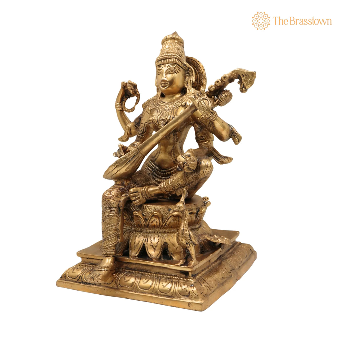 Brass Saraswati Idol – Handcrafted Maa Sharada Vagdevi Murti, Veena Pustak Dharini Statue, Hindu Goddess of Knowledge, Wisdom, Learning & Art 12 Inch 3