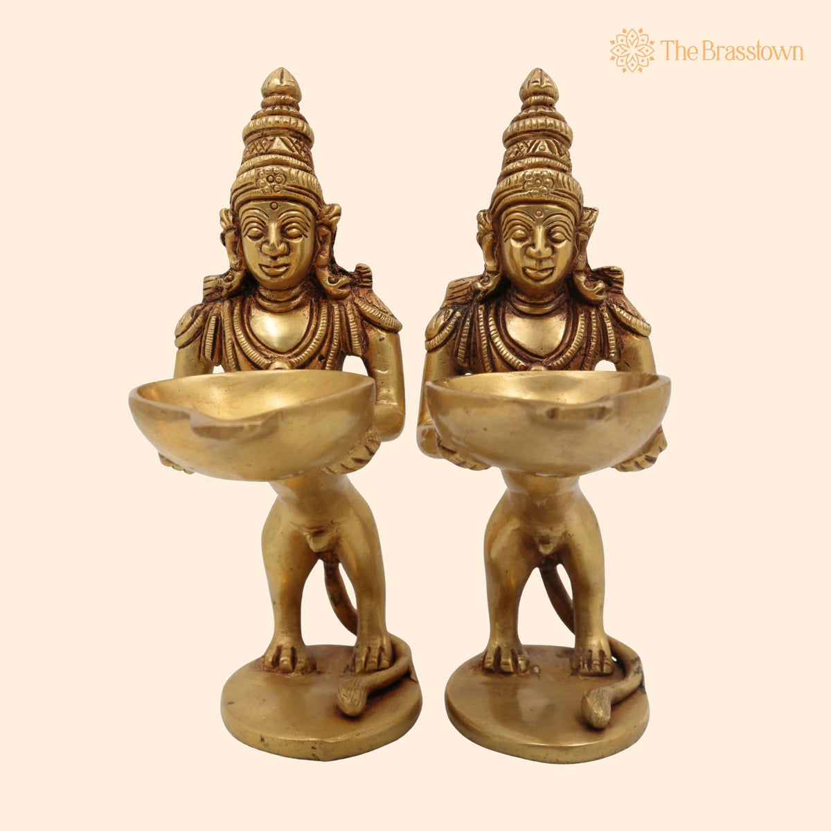 Brass Yali Lamp Idol – Handcrafted Lion Holding Vilakku Deepam, Traditional Pital Peetal Pittal Yali Deepa for Aarti, Puja & Home Mandir Décor 8 Inch 1