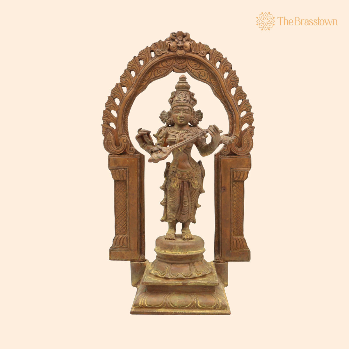 Handmade Bronze Saraswati Idol – Panchaloha Goddess Statue Sharada, Vani, Veena Pustak Dharini Murti for Home 11 Inch 1