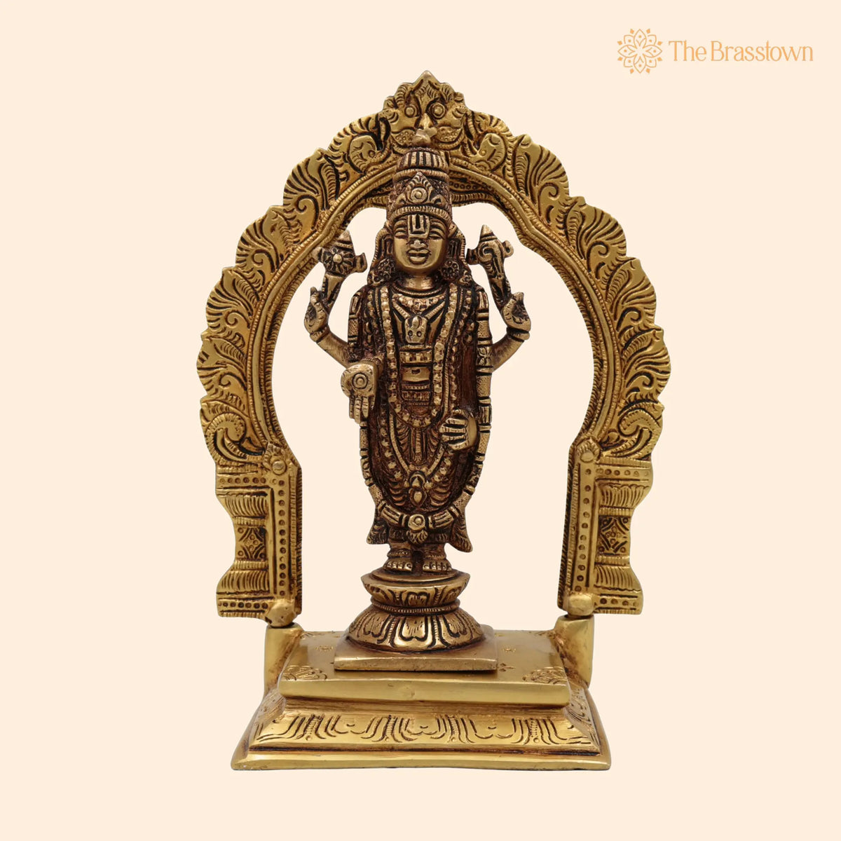 Brass Venkateshwara Balaji Idol with Prabhavali – Handcrafted Srinivasa Govinda Tirupati Balaji Statue for Home Décor, Temple Puja & Gifts 8 Inch 1