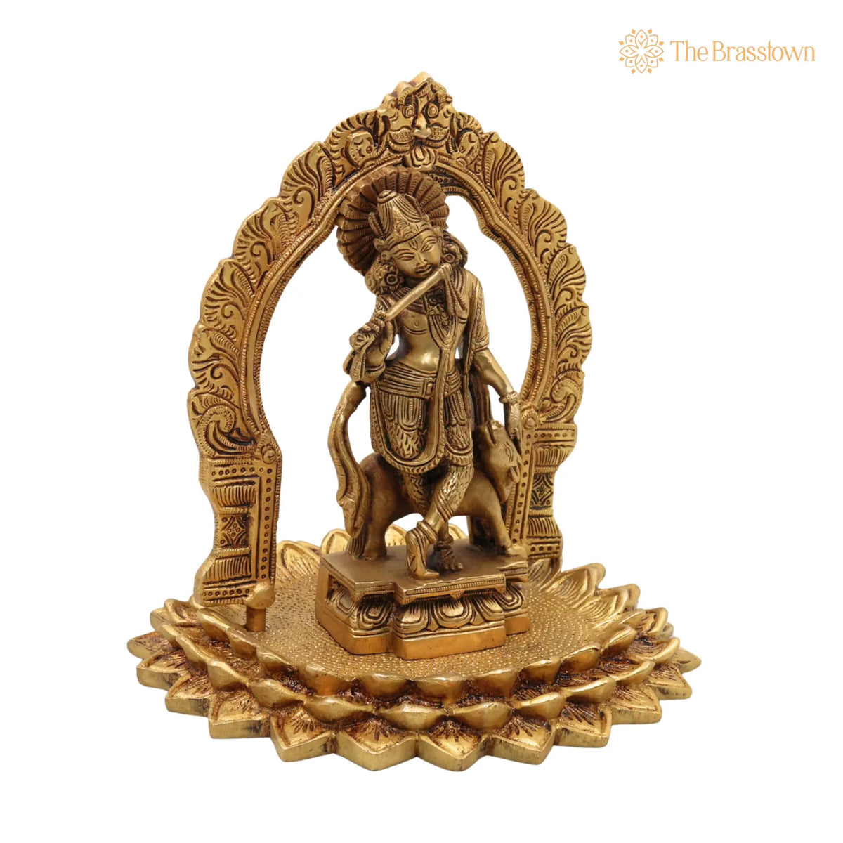 Brass Krishna Idol with Prabhavali on Lotus Chowki – Handcrafted Gopal, Balakrishna, Murli Manohar Murti for Pooja, Home Décor & Temple Statue 8 Inch 2