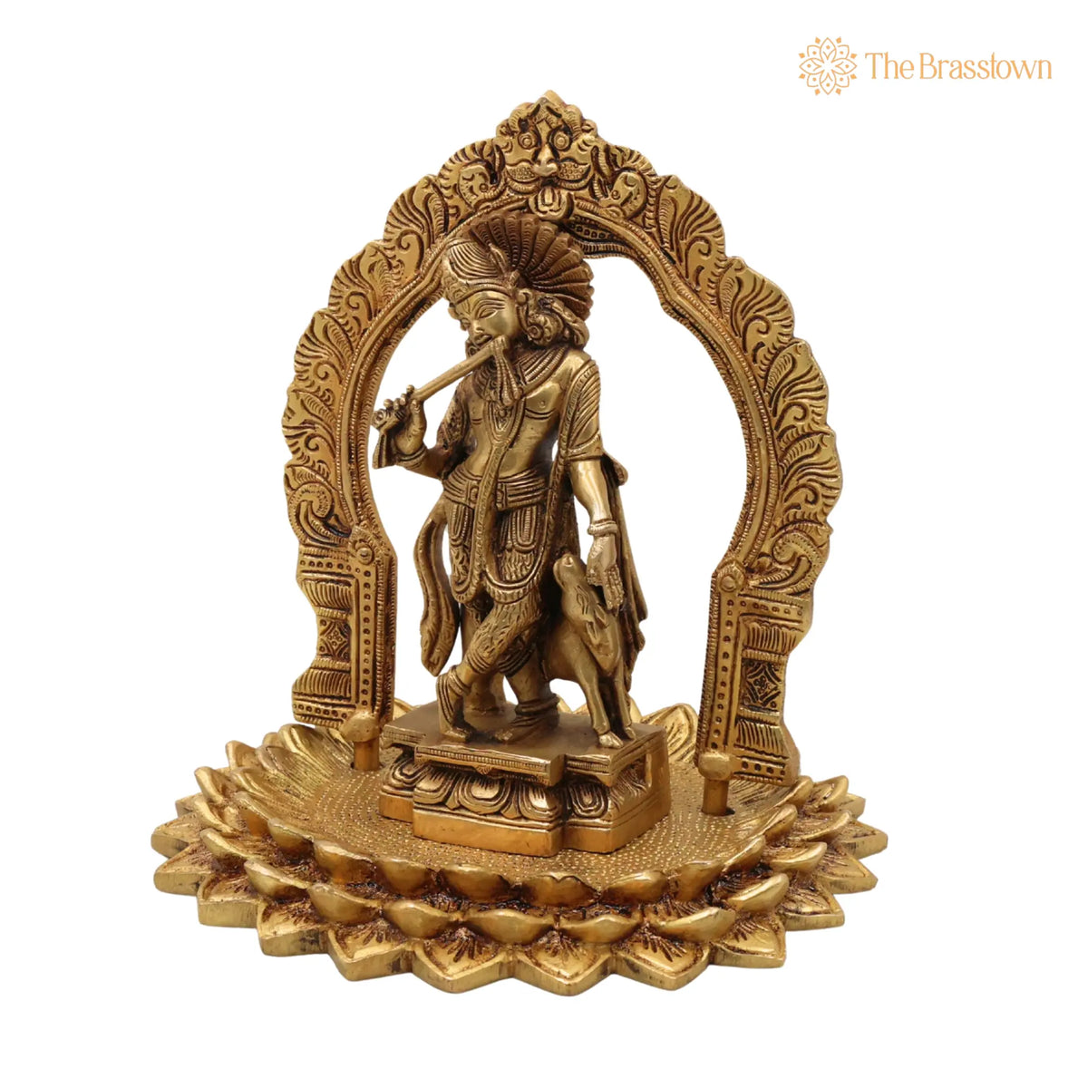 Brass Krishna Idol with Prabhavali on Lotus Chowki – Handcrafted Gopal, Balakrishna, Murli Manohar Murti for Pooja, Home Décor & Temple Statue 8 Inch 3