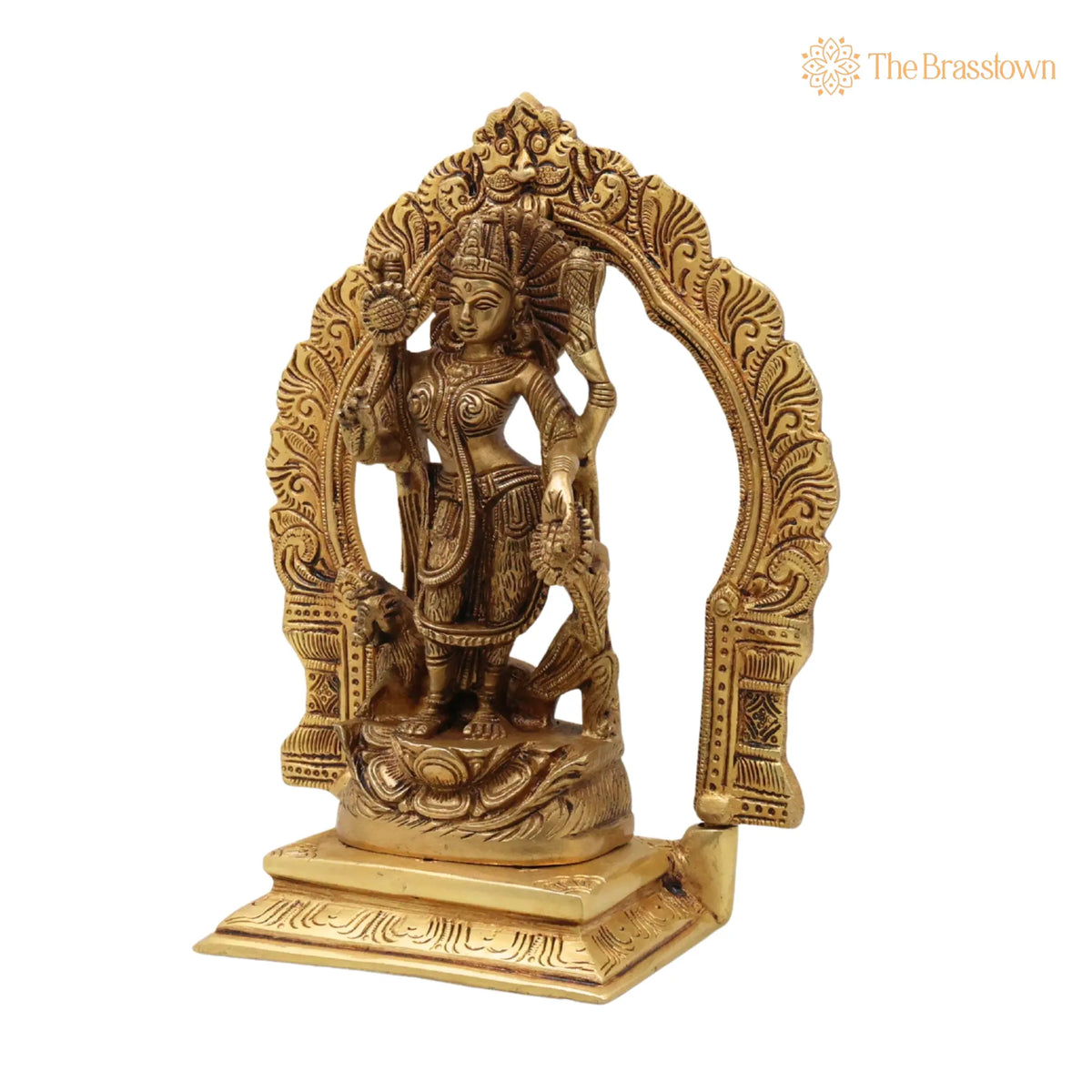 Brass Durga Maa Idol – Sherawali Mata Statue, Handmade Devi Murti with Prabhavali & Base for Puja, Home Mandir & Décor 8 Inch 3