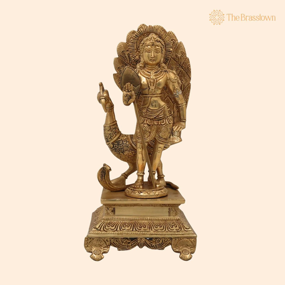 Brass Lord Murugan Idol with Peacock & Vel – Handcrafted Kartikeya Subramanya Skanda Shanmukha Statue for Pooja, Home Temple & Gifts 13.5 Inch 1