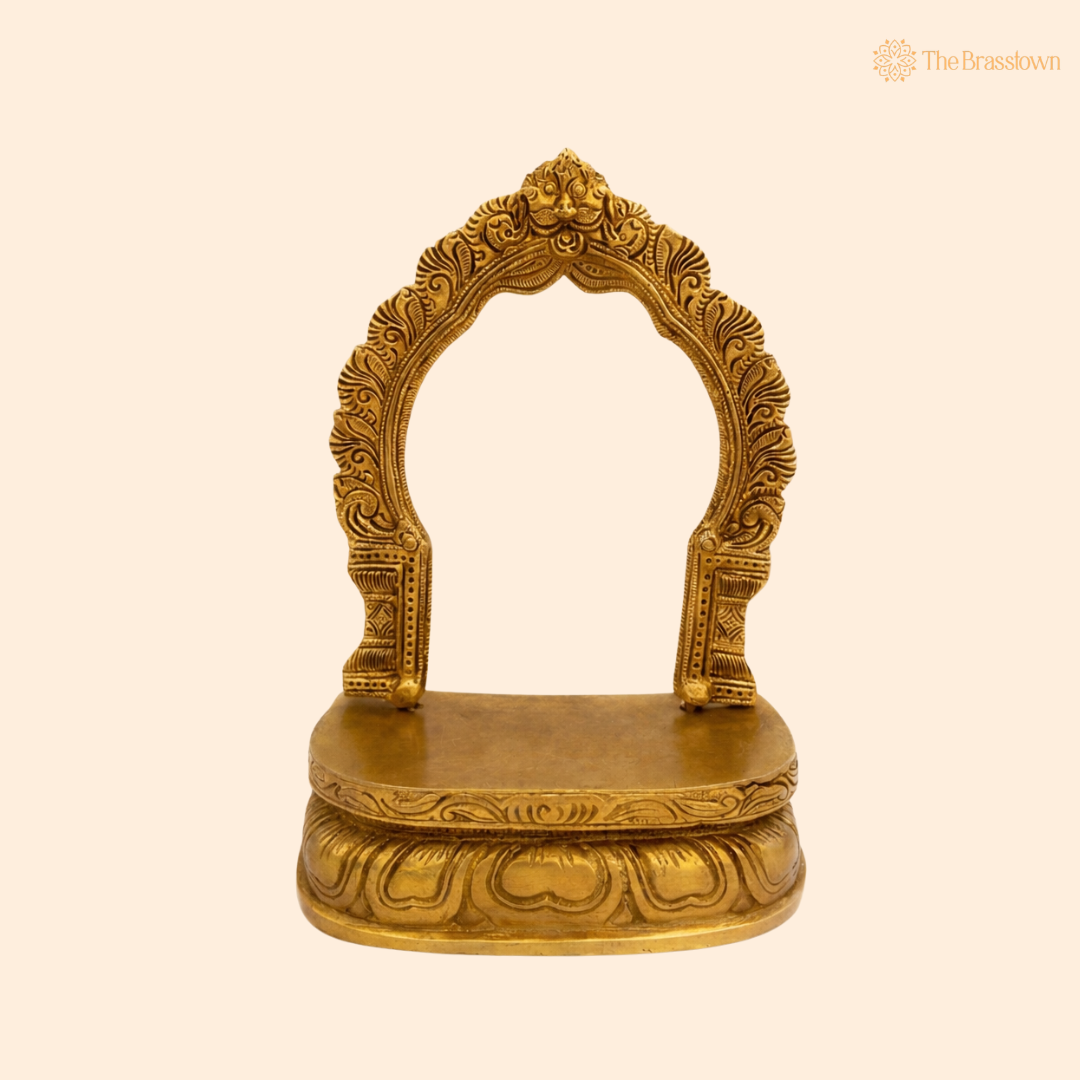 Traditional Brass Singhasan Chowki With Prabhavali – Singhasan Stand for Idols & Home Temple Pooja 9 Inch