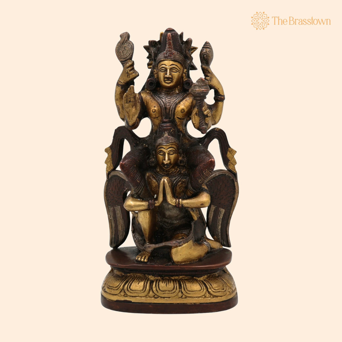 Brass Vishnu Riding Garuda Idol – Handcrafted Lord Narayana Murti, Narayana Vigraha, Temple Idol, Spiritual Showpiece 8 Inch 1