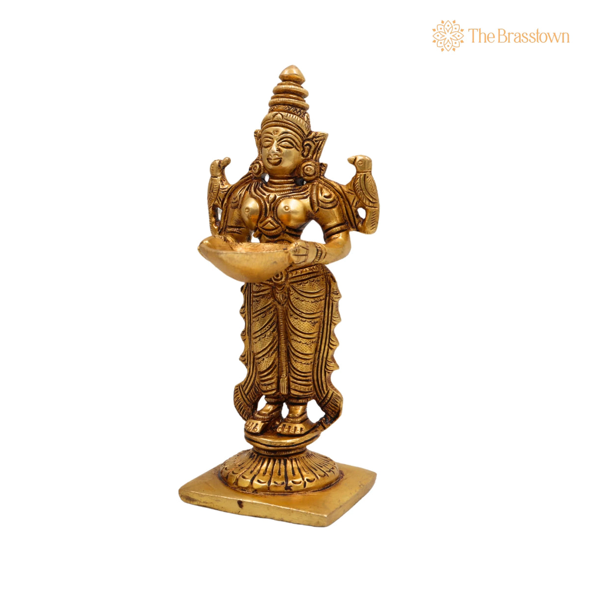 Brass Deep Lakshmi Idol – Handcrafted Standing Lakshmi with Lamps, Deeplakshmi Diya Lady Statue, Deepa Laxmi Figurine for Pooja and Décor 6 Inch 2