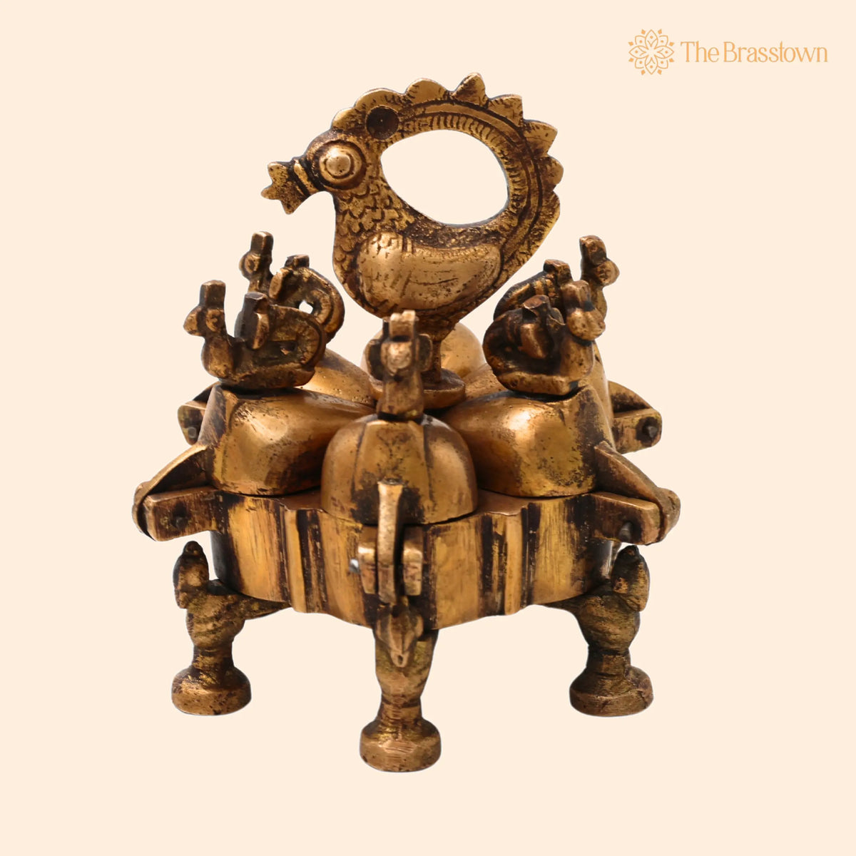 Brass Decorative Boxes – Handcrafted Box, Multipurpose Boxes, Sindoor Boxes, Sindhur Box, Antique, Box With Peacock Opener 4.5 Inch 1