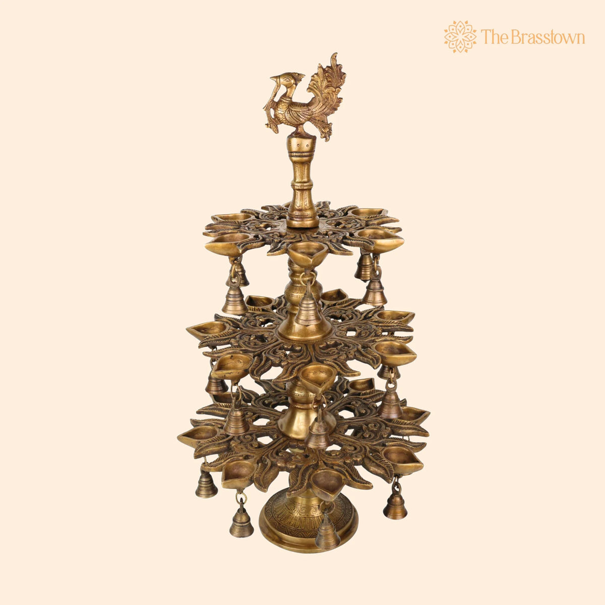 Brass Handcrafted Peacock Kuthu Vilakku Deepam – 3 Step Temple Lamp with Bells 25.5 Inch 1