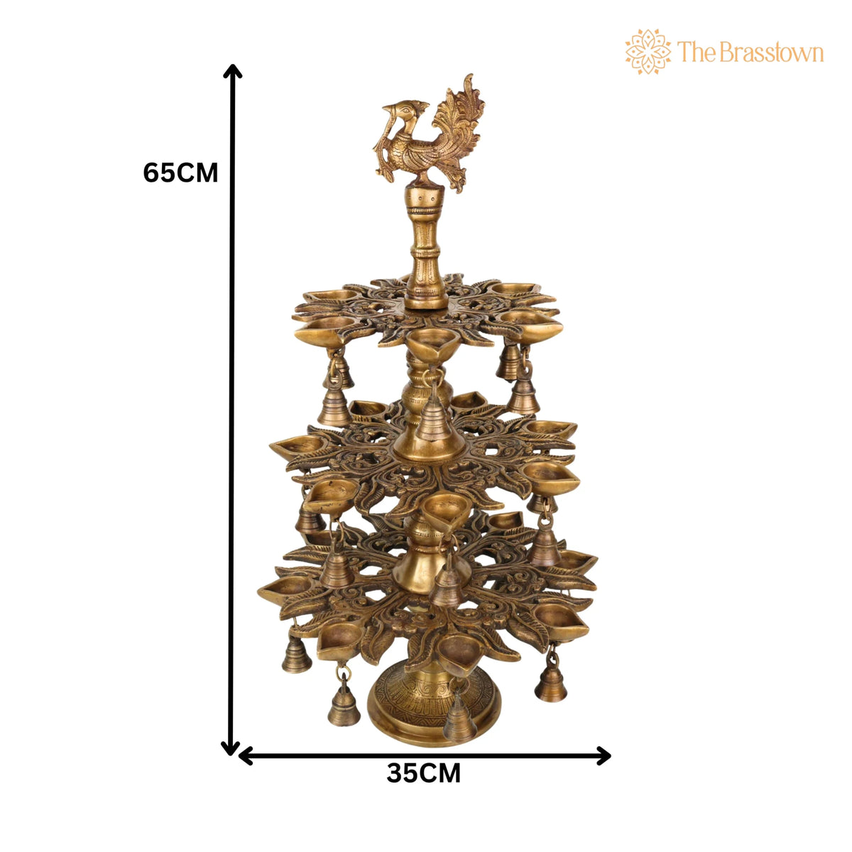 Brass Handcrafted Peacock Kuthu Vilakku Deepam – 3 Step Temple Lamp with Bells 25.5 Inch 5