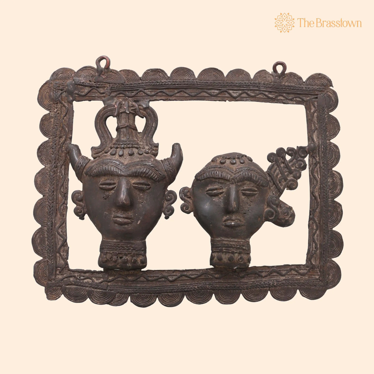 Brass Tribal Head Pair Wall Hanging – Handcrafted Bastar Dhokra Art for Home Décor & Gifting 11.5 Inch 1