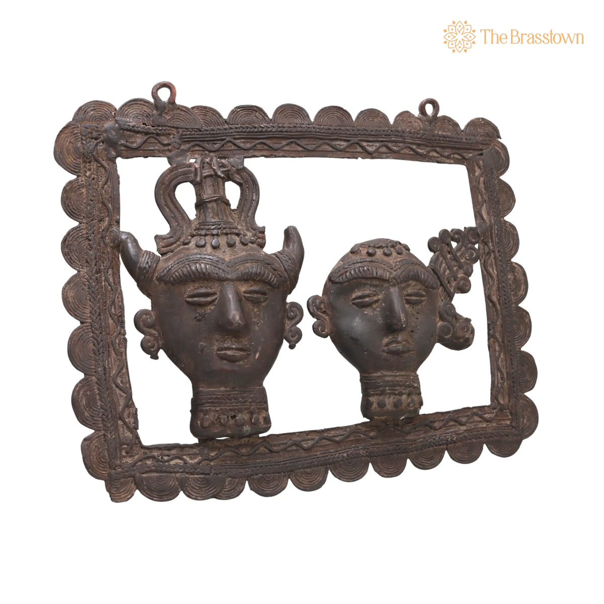 Brass Tribal Head Pair Wall Hanging – Handcrafted Bastar Dhokra Art for Home Décor & Gifting 11.5 Inch 2