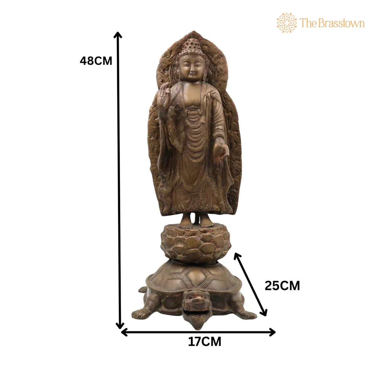 Brass Standing Buddha on Tortoise Idol – Handcrafted Buddha Murti Statue Vigraha Pratima Moorthi Sculpture for Puja, Home Mandir & Décor 19 Inch 5