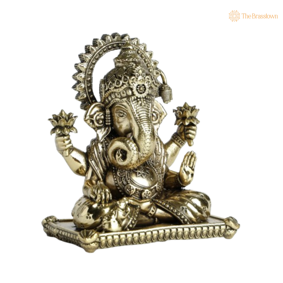 Brass Ganesha Idol with Lotus 4 Inch