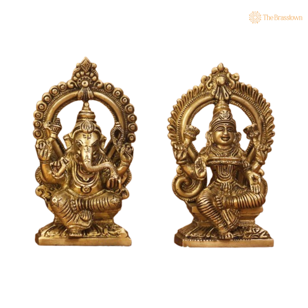 Brass Ganesha and Lakshmi Figurine Set 6 Inch