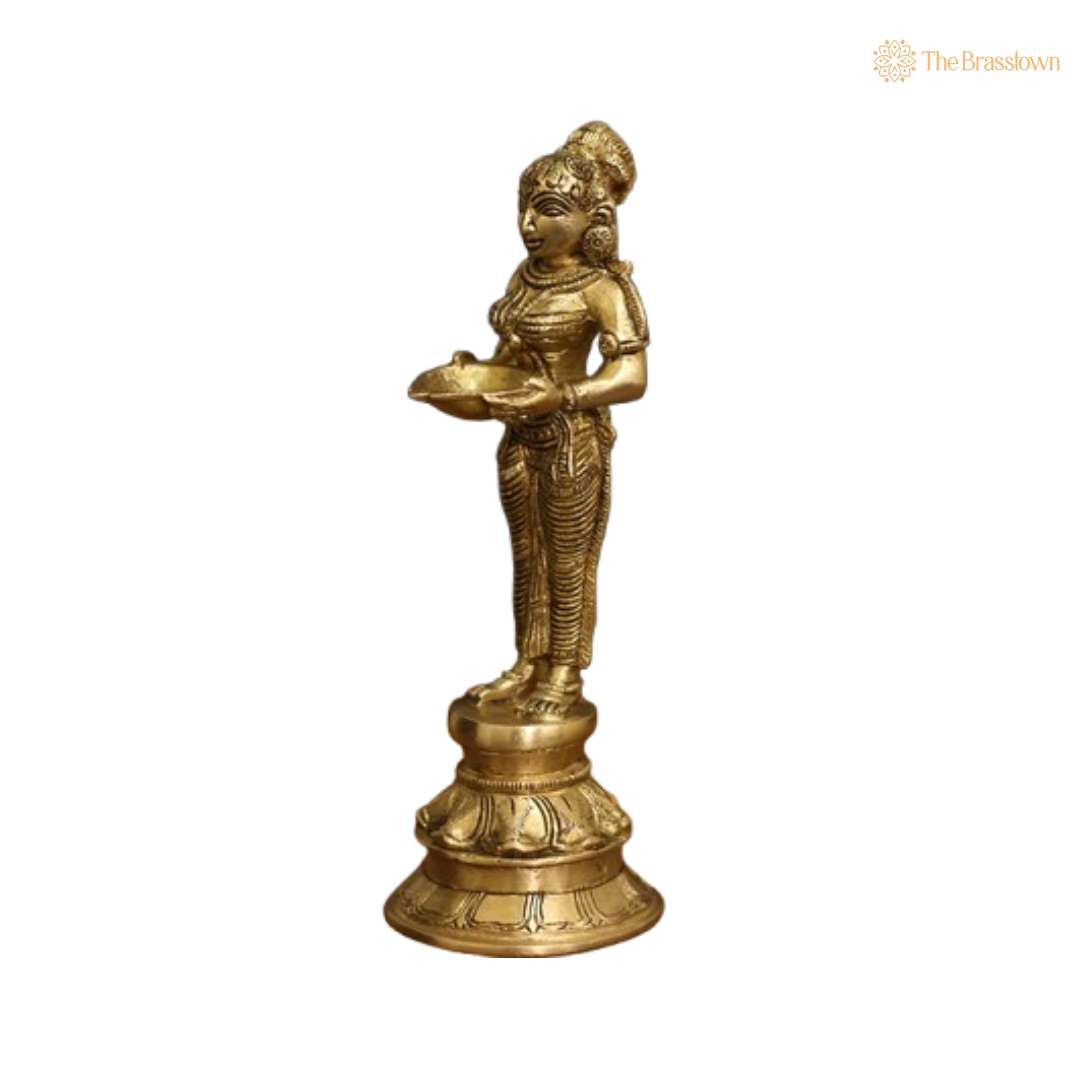 Brass Lady Holding Diya Statue 8 Inch