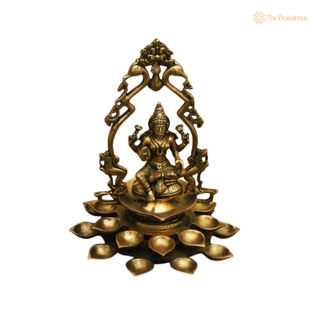 Brass Lakshmi Deepam with Peacock Design 11.5 Inch
