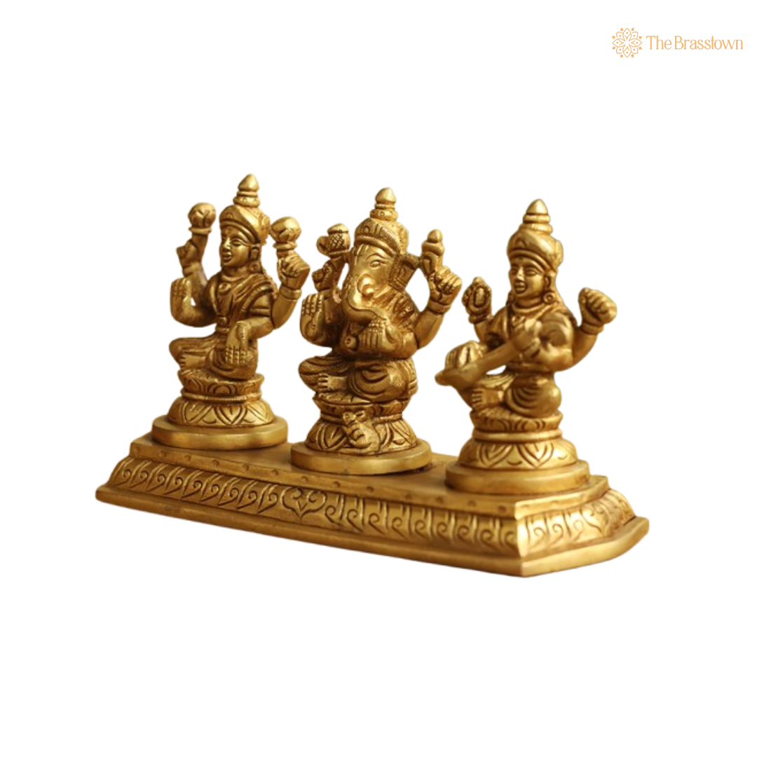 Brass Lakshmi, Ganesha, and Saraswati Idol Set with Base 4 Inch
