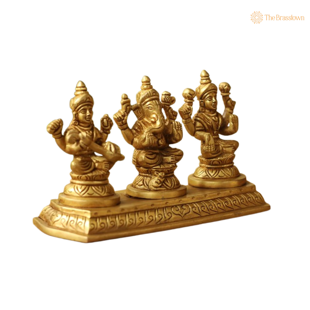 Brass Lakshmi, Ganesha, and Saraswati Idol Set with Base 4 Inch