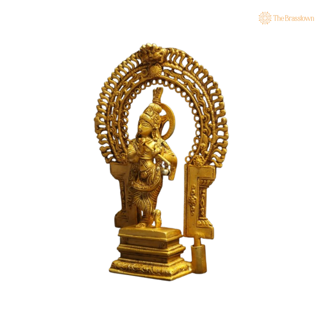 Brass Lord Krishna Flute Idol with Ornate Frame 8 Inch