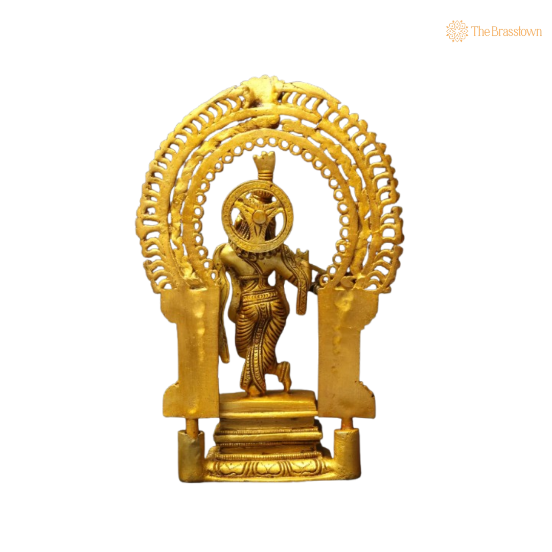 Brass Lord Krishna Flute Idol with Ornate Frame 8 Inch