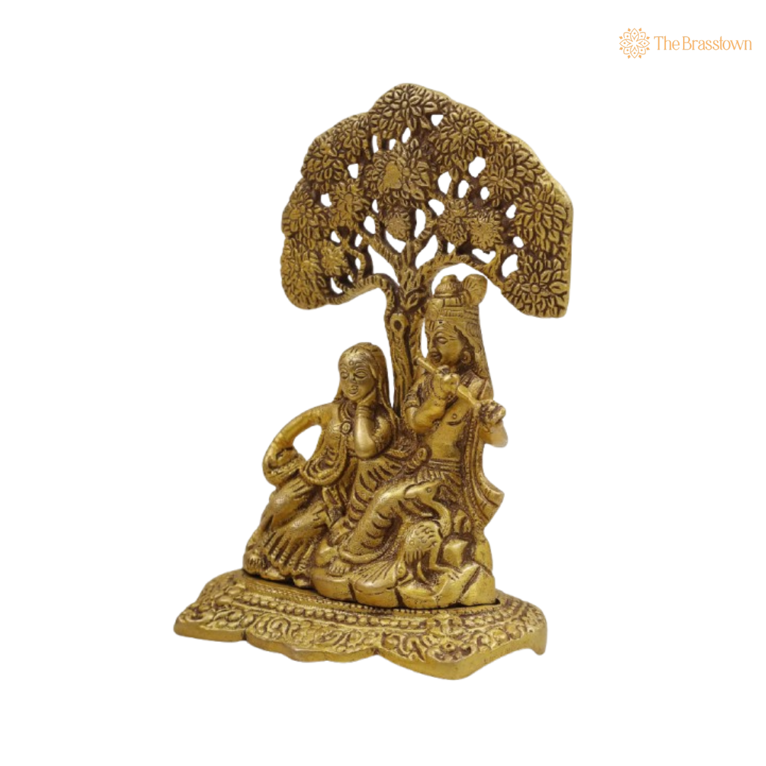 Brass Lord Krishna and Radha Under Tree Idol 7 Inch