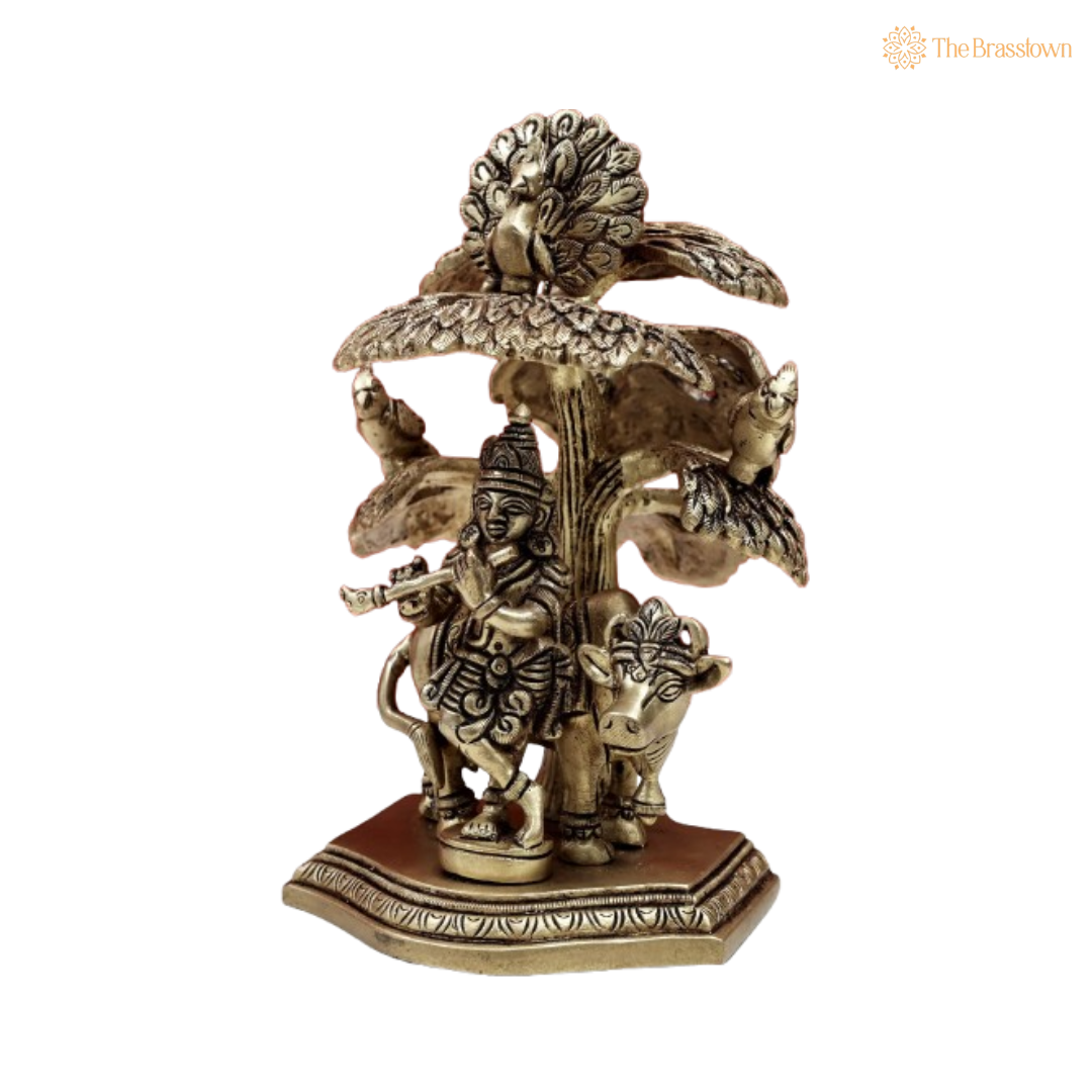 Brass Lord Krishna with Cow and Peacock Idol 6 Inch